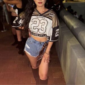 California '23' Cropped Football Jersey Top - tan, Black & White